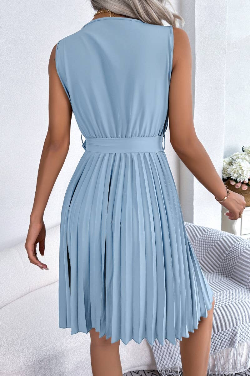 CWDSD4634_CROSS V-NECK SLEEVELESS WAIST PLEAT DRESS
