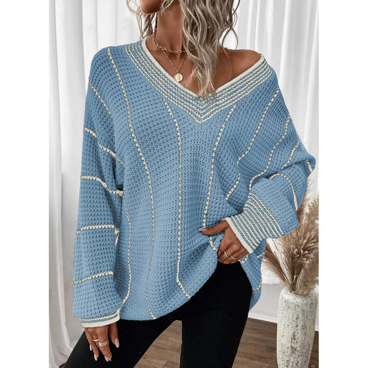 KNITTED V-NECK STRIPED PULLOVER SWEATER