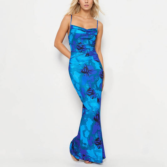 PRINT HALTER LONG SLEEVELESS BOHEMIAN DRESS