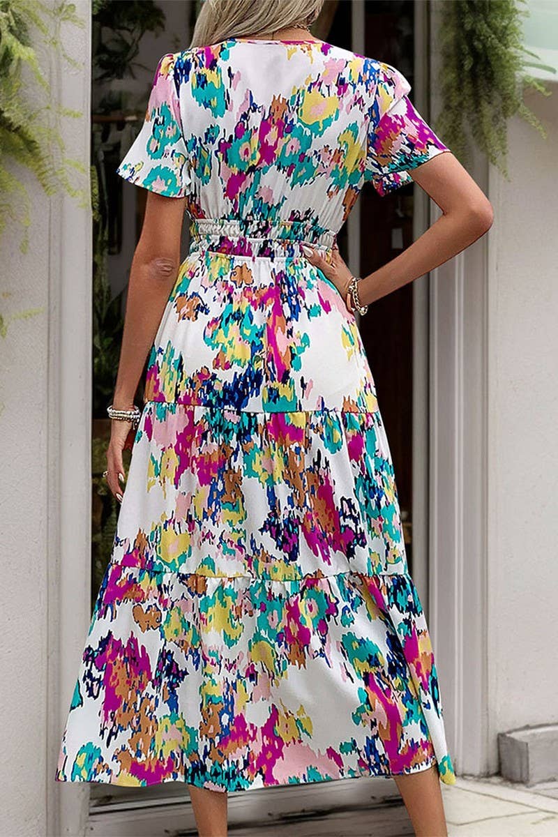 CWDMD4488_SUMMER V-NECK PRINTED MID-LENGTH DRESS FOR WOMEN