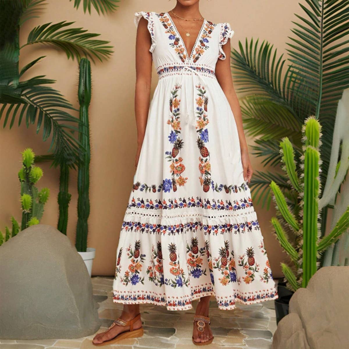 Holiday printed V-neck sleeved dress