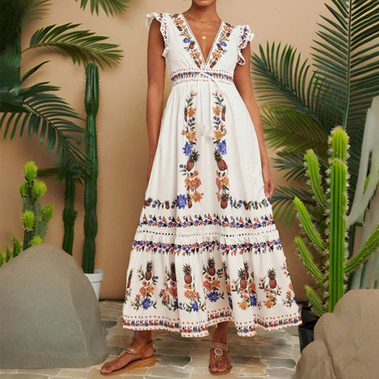 Holiday printed V-neck sleeved dress