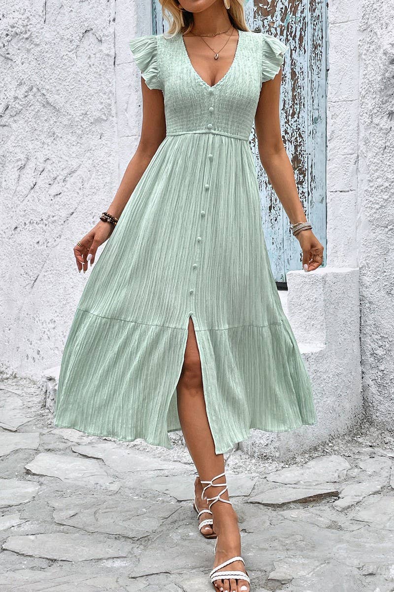 CWDMD5319_V-NECK TEXTURED LIGHT GREEN SPLIT HEM DRESS