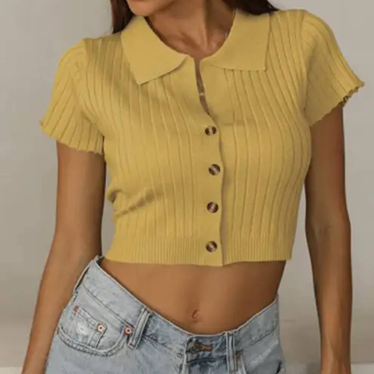 Solid color lapel slim knit short-sleeved top