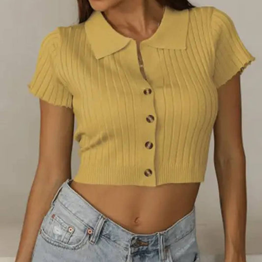 Solid color lapel slim knit short-sleeved top