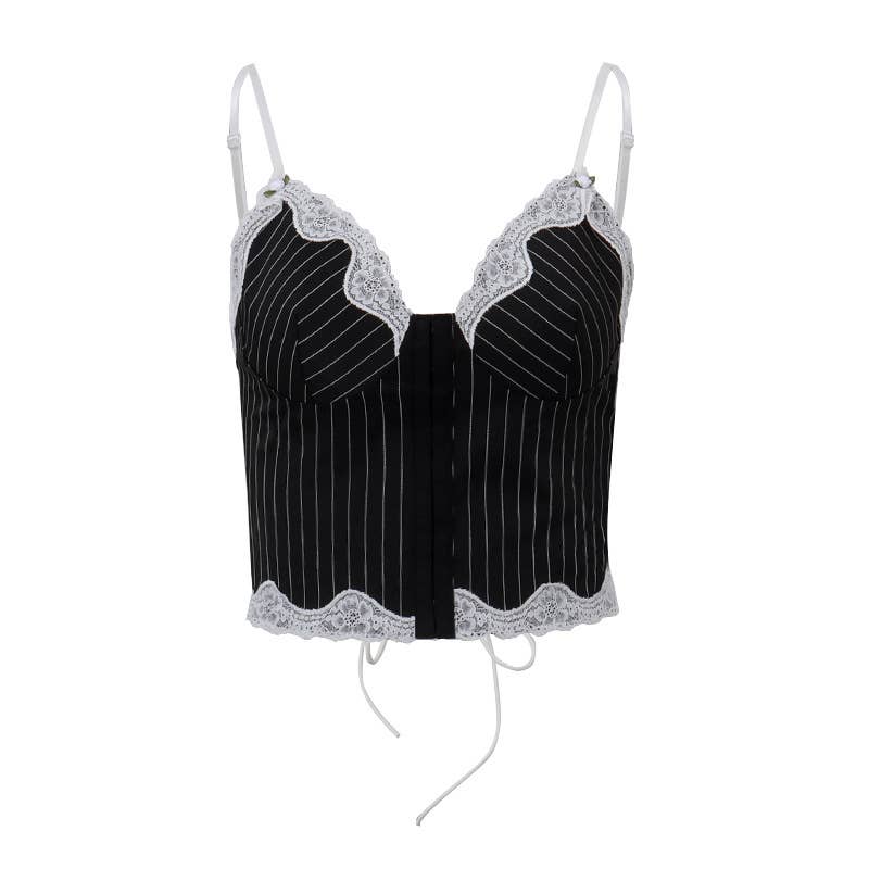 Lace striped color-blocking low-cut halter top