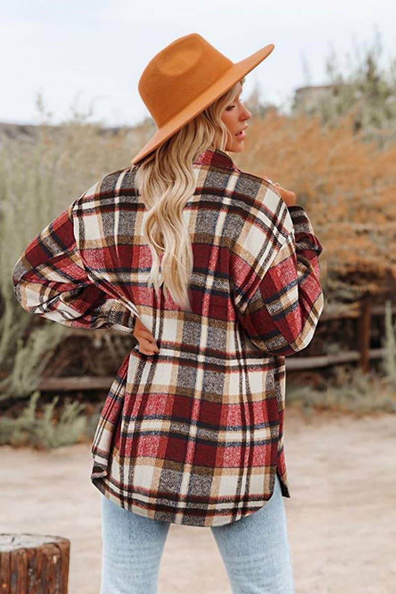 CWOCO0938_LONG-SLEEVED LAPEL LOOSE PLAID THICKENED COAT