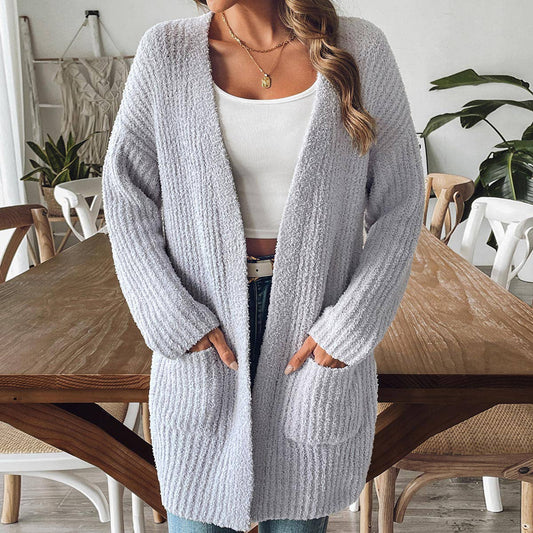 WOVEN SWEATER CASUAL DOUBLE POCKET CARDIGAN