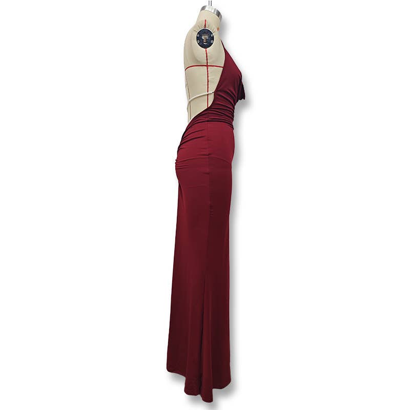 A cinched-neck backless and collared dress