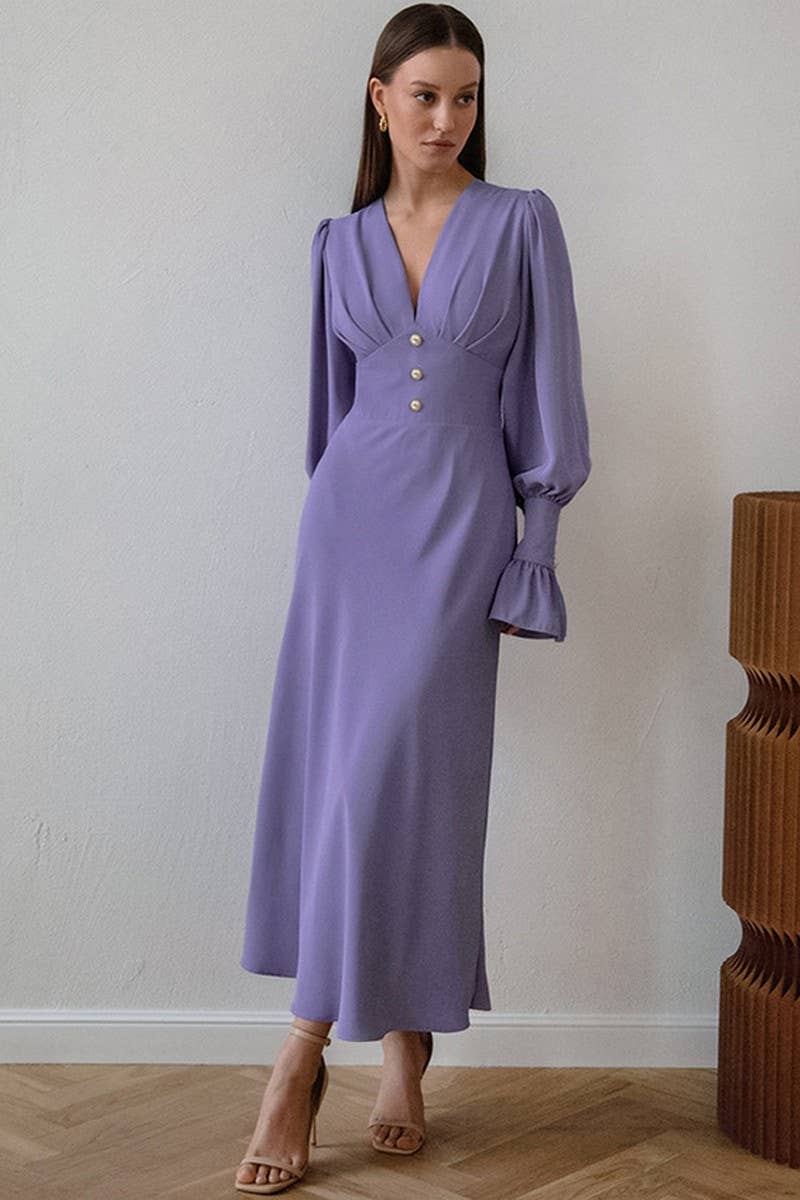 CWDMD4260_LANTERN SLEEVE V-NECK RETRO SLIM DRESS