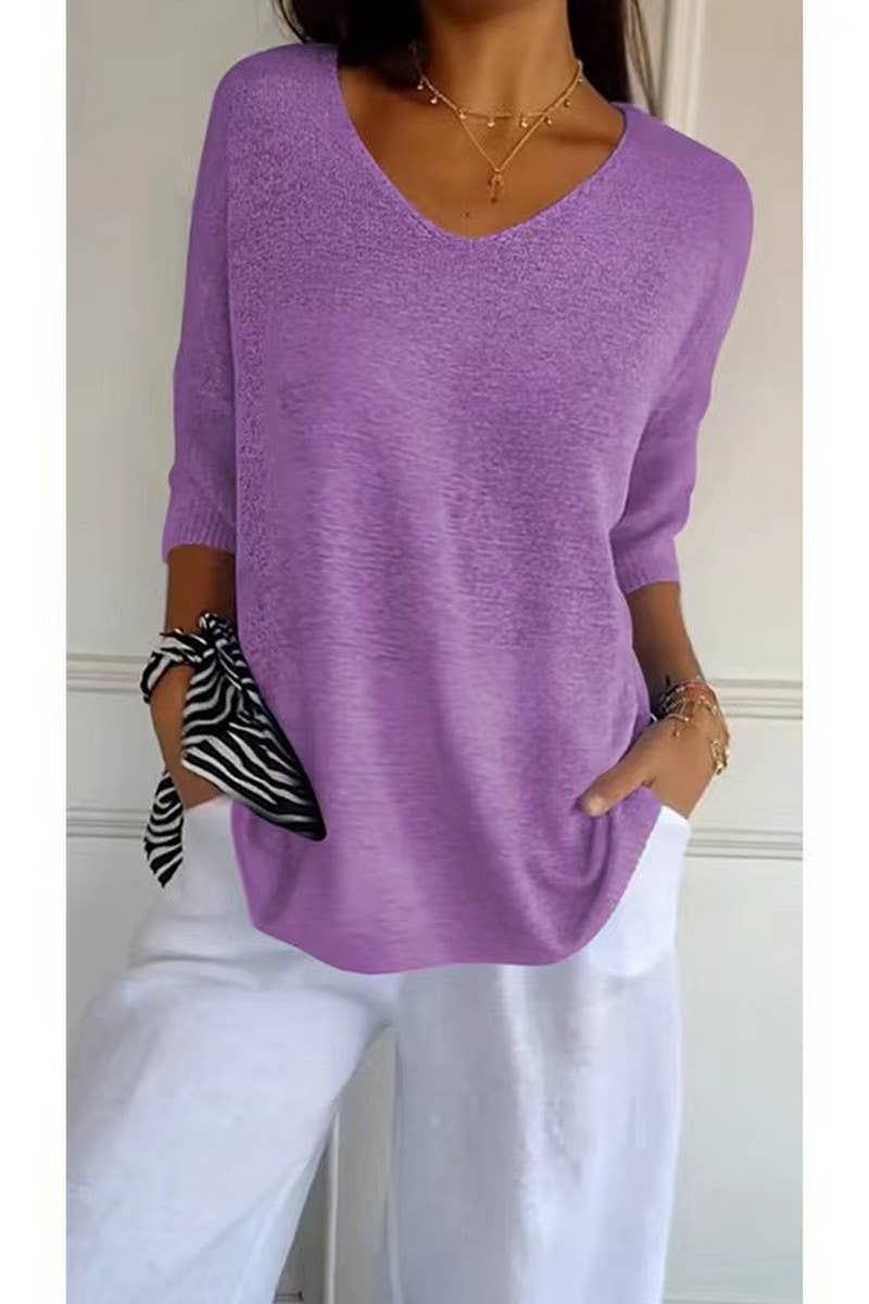 CWOSWL07659_V-NECK SOLID COLOR KNITTED BOTTOMING TOP