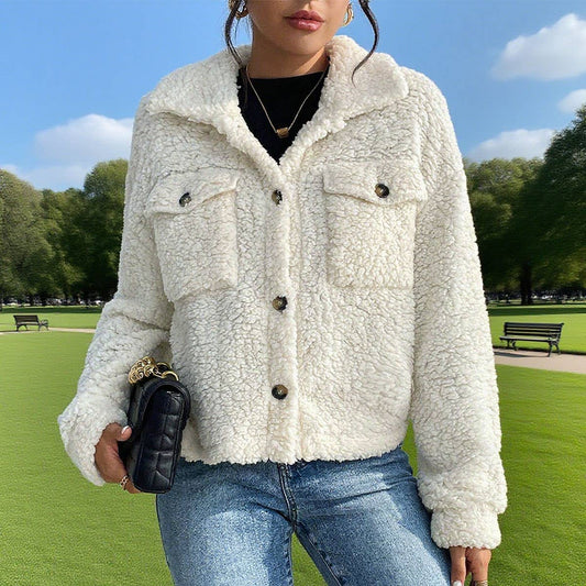 Short single-breasted lapel plush jacket