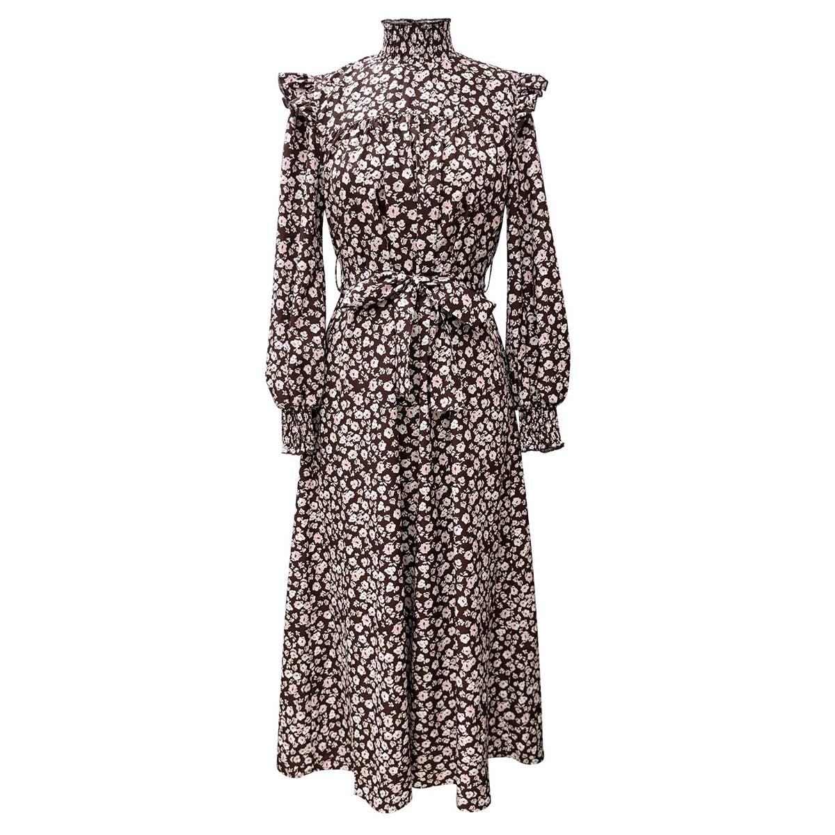 WOODEN EAR SLEEVES WITH BELT FLORAL PRINT DRESS