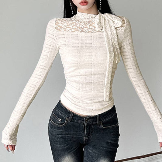 SOLID COLOR BOW AND LACE PULLOVER HALF-NECK TOP