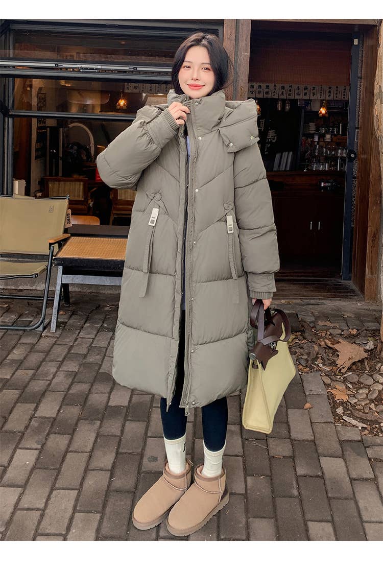 Warm hooded thick long pure color quilted jacket