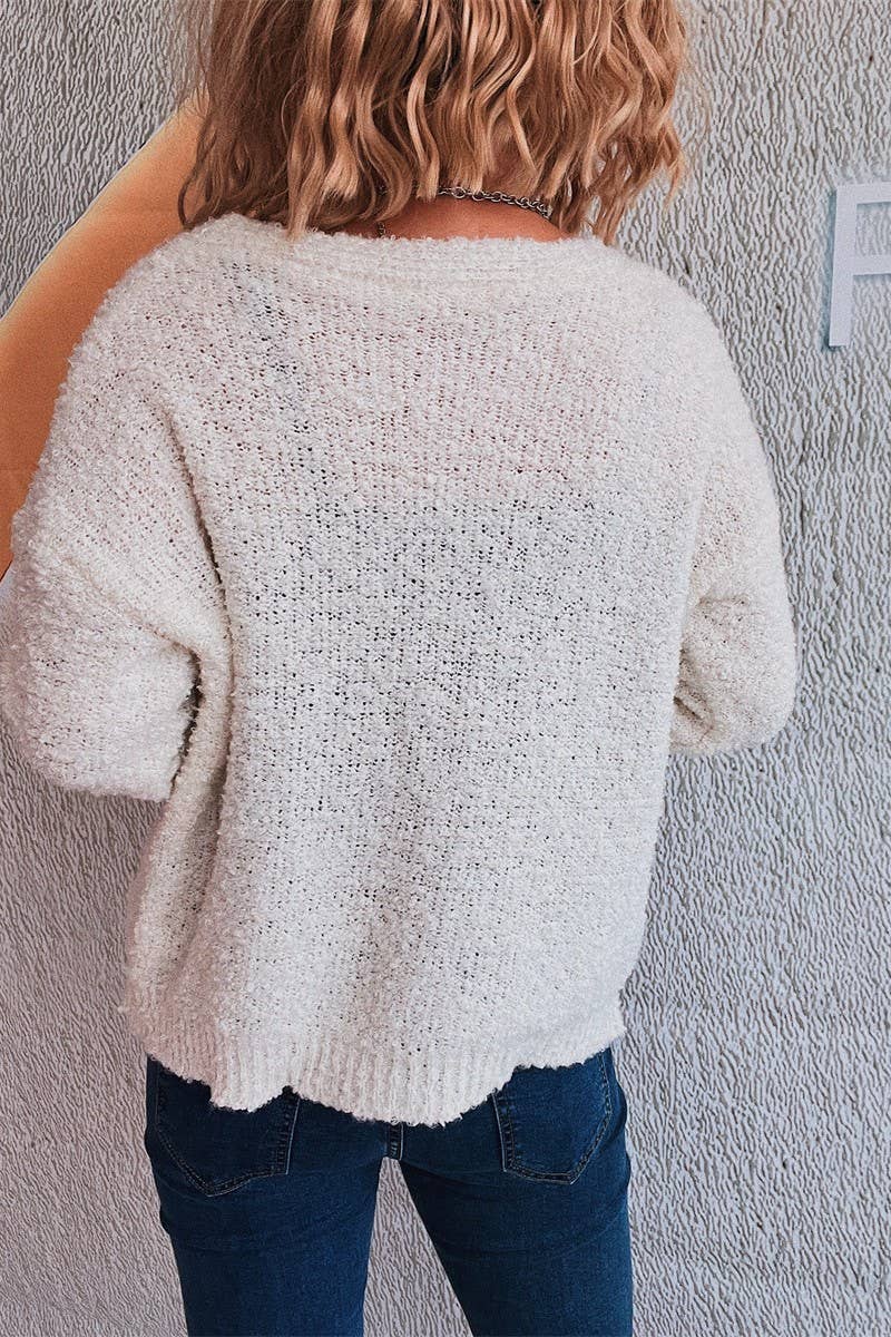 Solid color V-neck seersucker knit cardigan