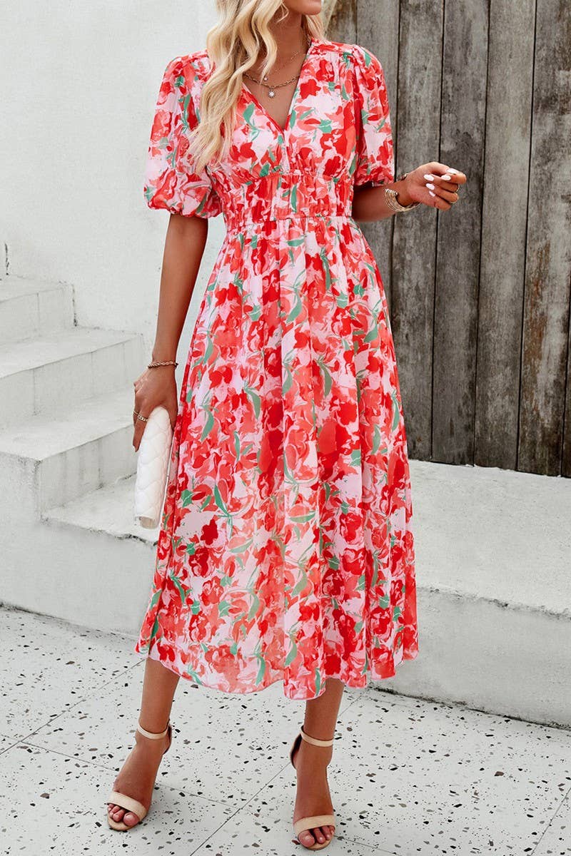 CWDMD0995_Deep V-Neck Short Sleeve Floral Print Midi Dresses