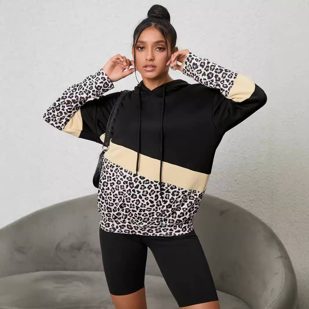 LEOPARD-PRINT PATCHWORK FASHION HOODIE JUMPER