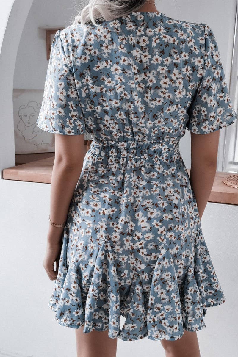 SHORT SLEEVE V NECK FLORAL RUFFLE DRESS_CWDSD2501