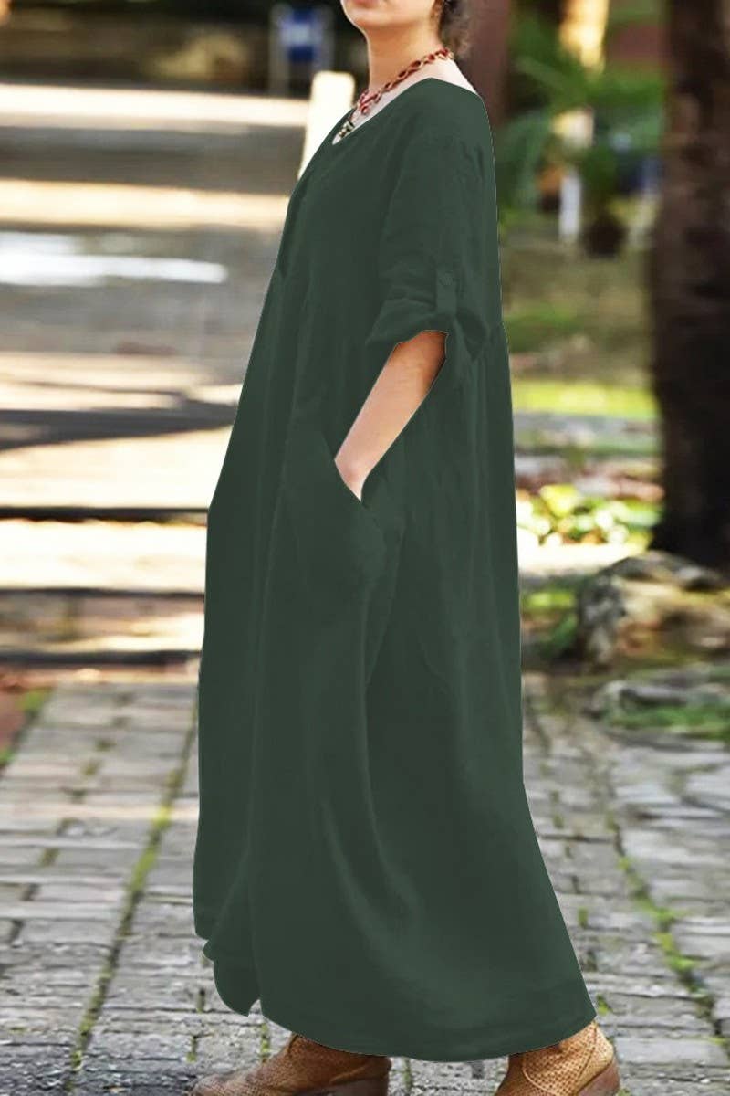 CWDMD4868_LONG SLEEVE V-NECK POCKET COTTON AND LINEN DRESS