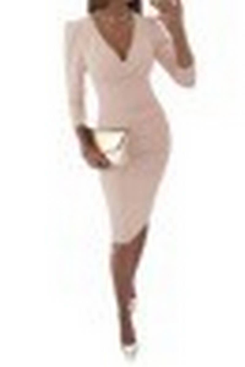 CWDSD10862_V-NECK SOLID COLOR SLIM LONG SLEEVE DRESS