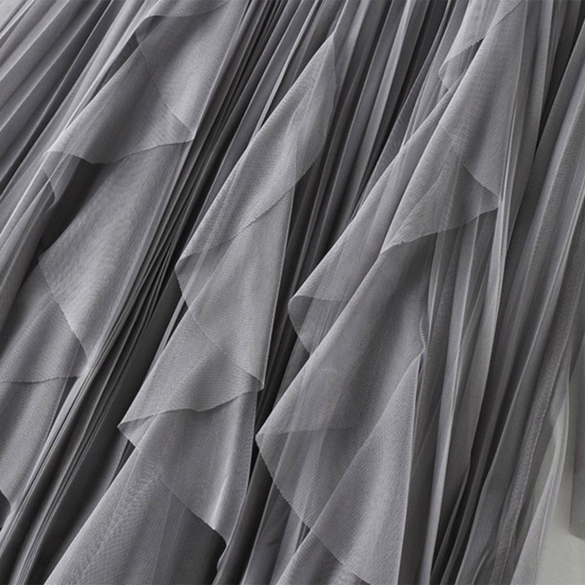 Ruffled Mesh Panel High-Waist Pleated Midi Skirt