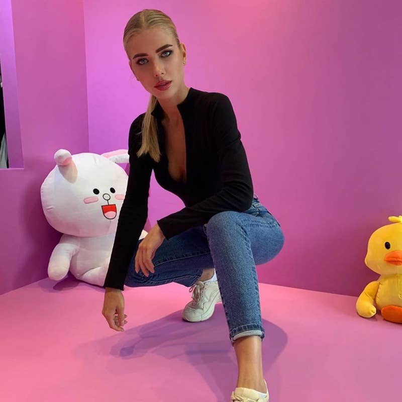 Solid-color round-neck semi-cardigan jumpsuit