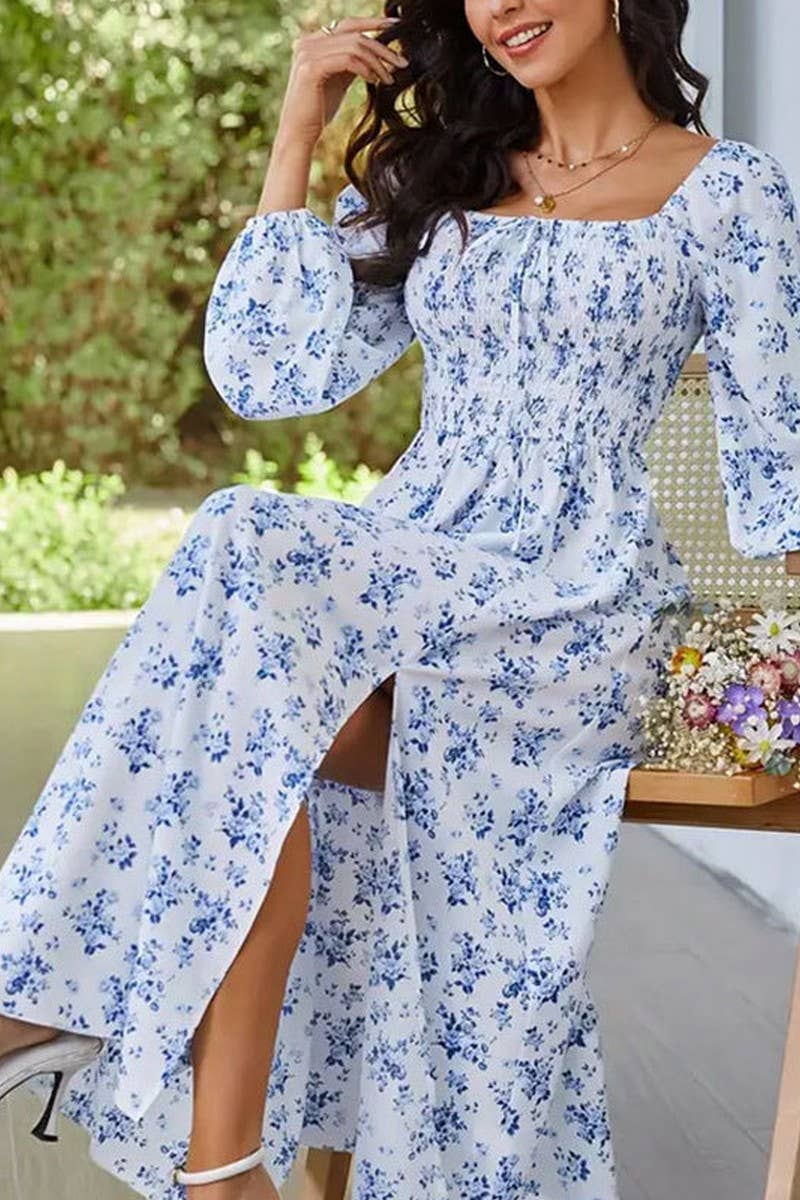 CWDMD5040_SPRING AND SUMMER SQUARE NECK SLIT FLORAL DRESS