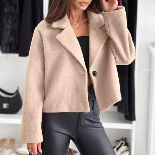 SUIT COLLAR SOLID COLOR SINGLE BUTTON WOOLEN COAT