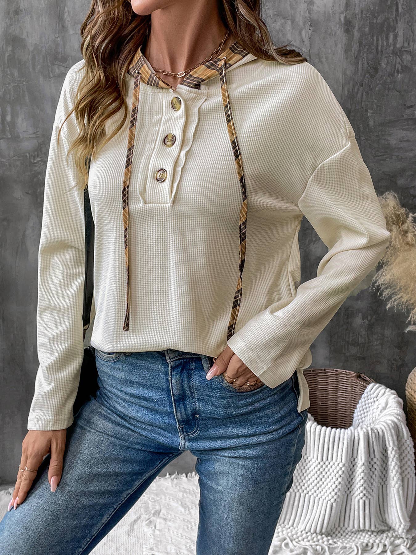 SPLICED PLAID LONG-SLEEVED HOODED PULLOVER HOODIE