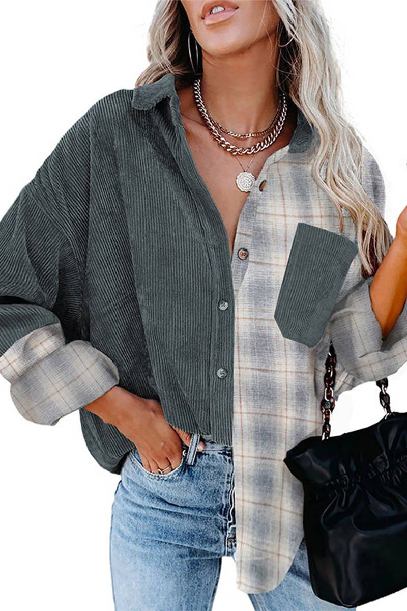 SINGLE BREASTED PLAID CORDUROY LONG SLEEVE SHIRT