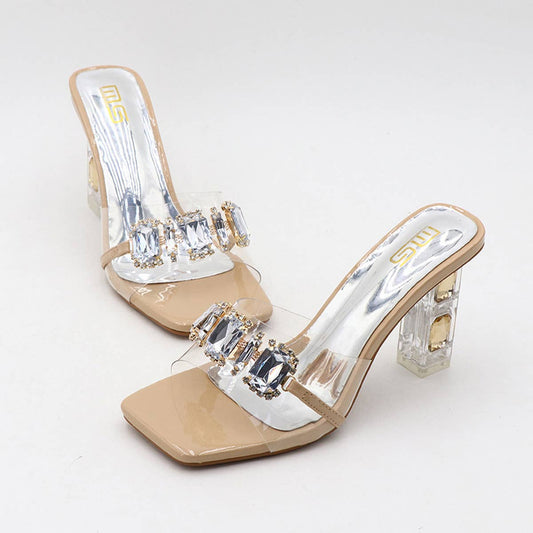 RHINESTONE SEXY THICK HEEL HIGH HEEL SANDALS