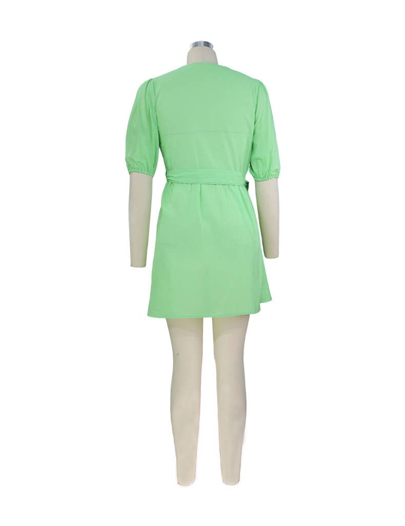 V-NECK PUFFED SLEEVE COTTON LINEN DRESS