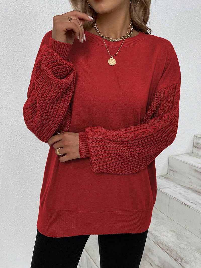 SOLID COLOR ROUND NECK LANTERN SLEEVE SWEATER
