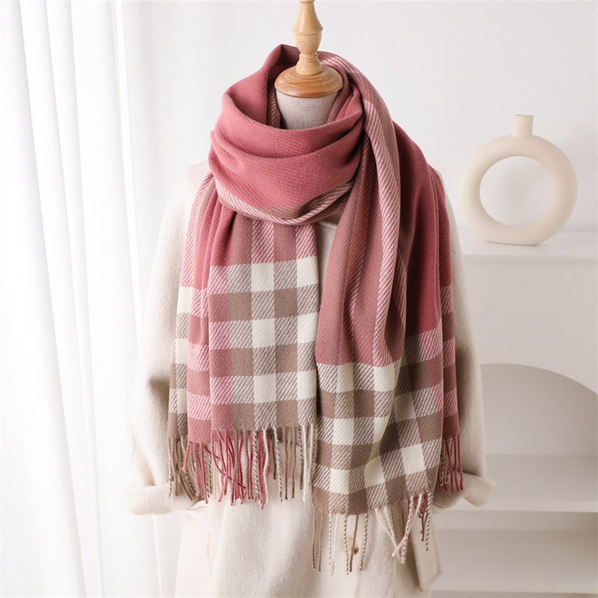 Modern Plaid Fringe Scarf with Luxe Texture