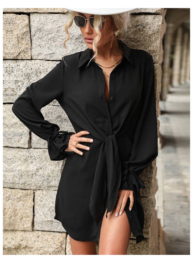 Loose lapel long-sleeved knotted shirt dress