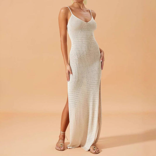 Solid-color high-slit cutout halter dress