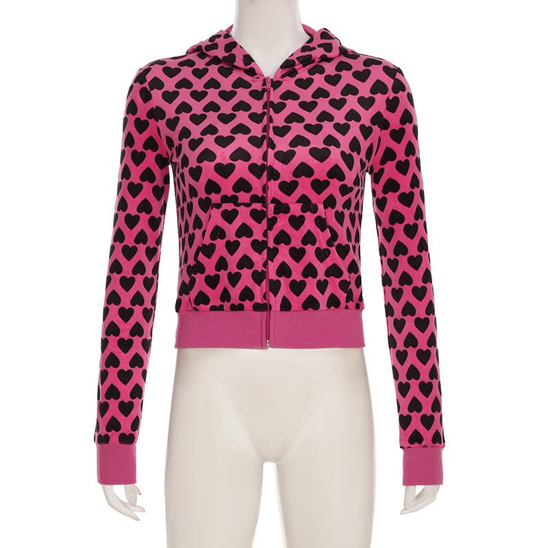 Y2K LOVE PRINTED SUEDE PERSONALITY ZIPPER HOODIE