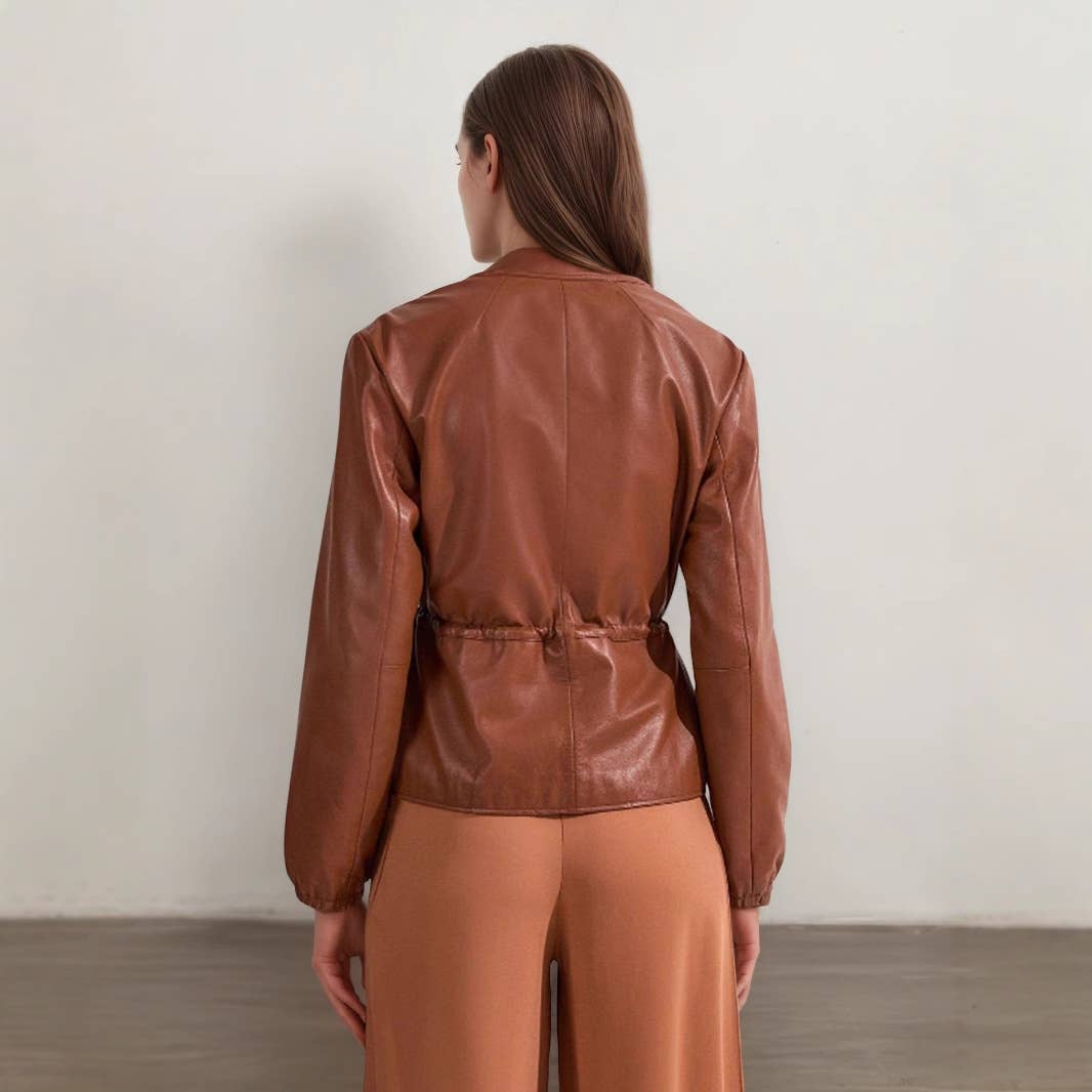 Round-neck drawstring waist leather jacket