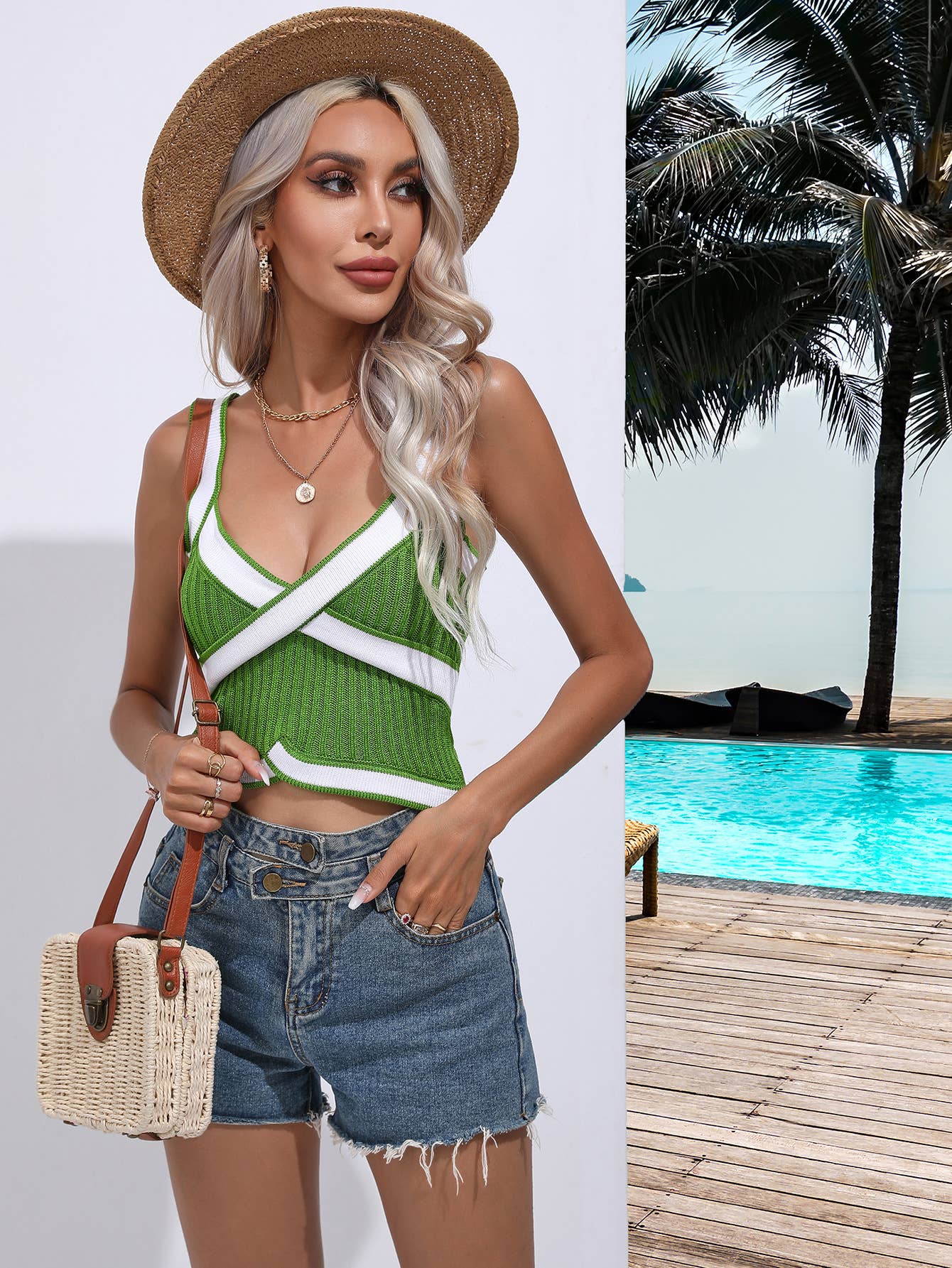 SLEEVELESS V-NECK SWEATER WITH CROSS HALTER
