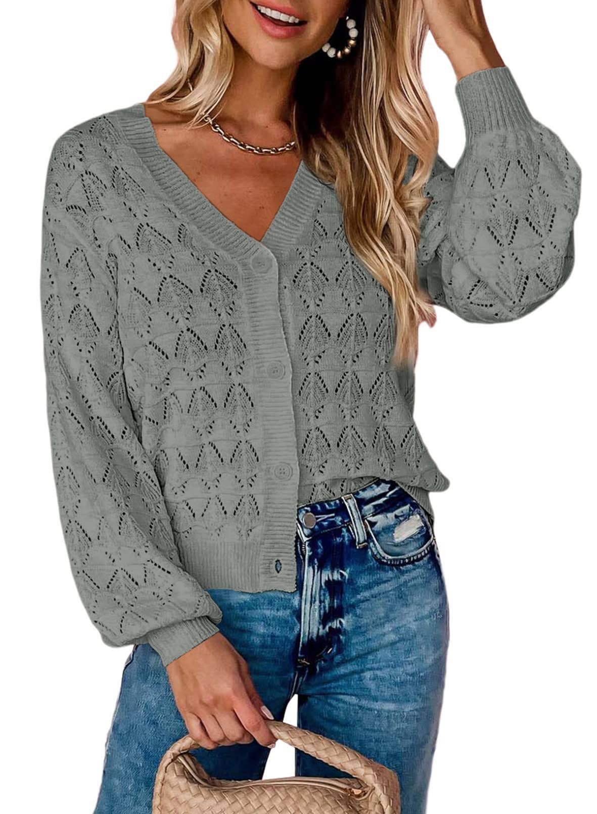 LONG SLEEVE CROCHET V-NECK CARDIGAN