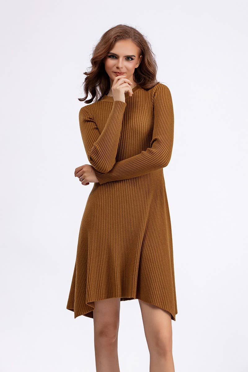 CWDSD10804_SOLID KNIT LONG SLEEVE A-LINE BODYCON DRESS