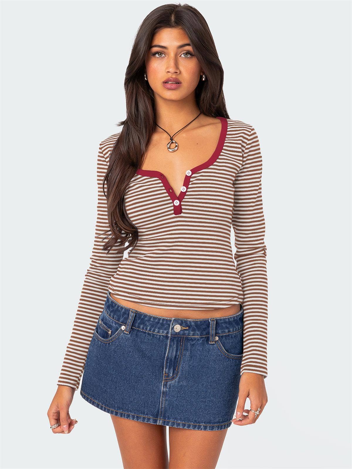 STRIPED COLOR CONTRAST KNIT BUTTON COTTON T-SHIRT