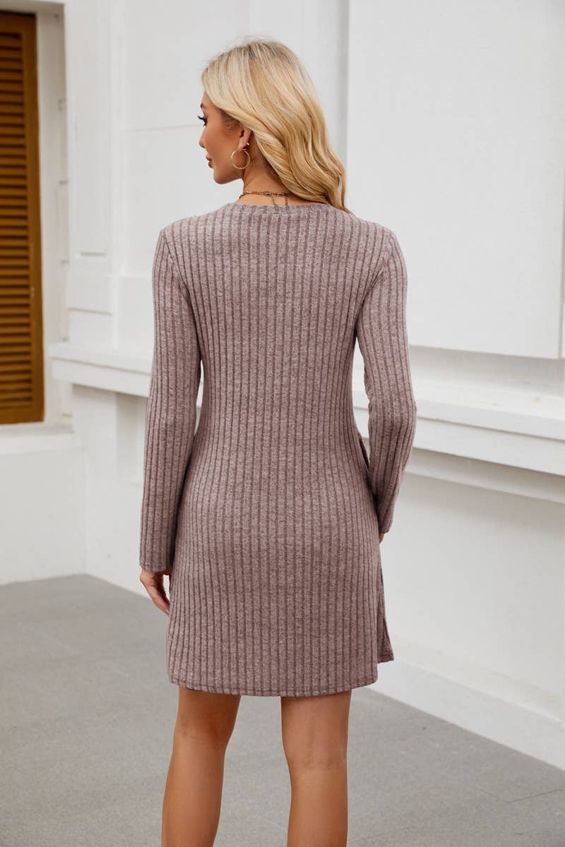 ROUND NECK SIDE BUTTON POCKET LONG SLEEVE DRESS