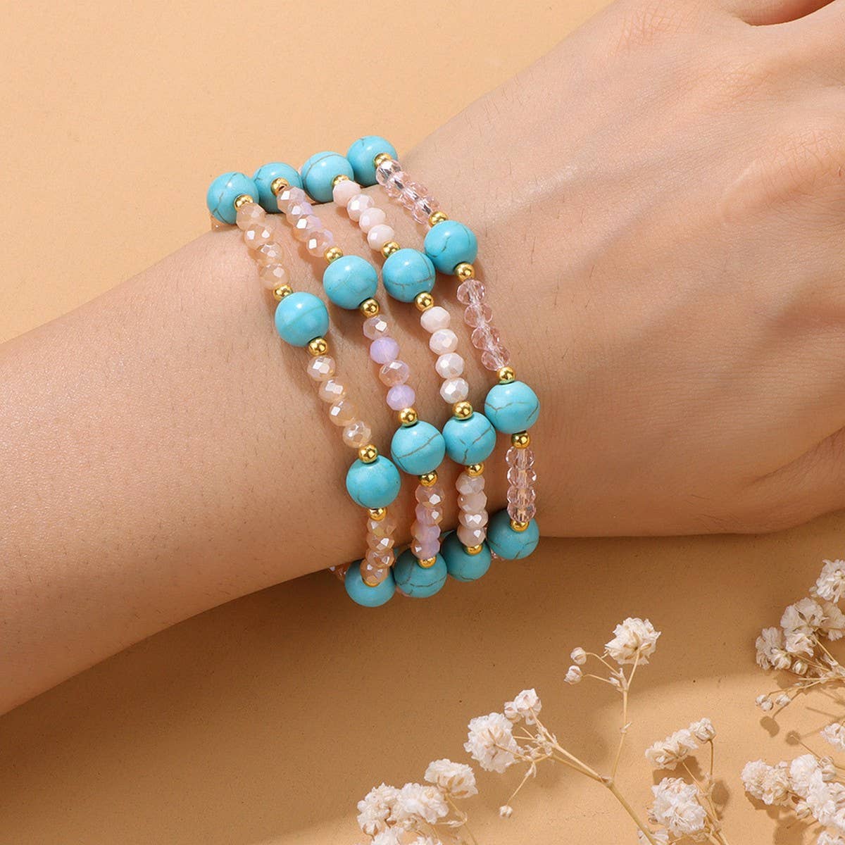 CWAJE4237_FASHION TURQUOISE GLASS BEAD STRETCH BRACELET