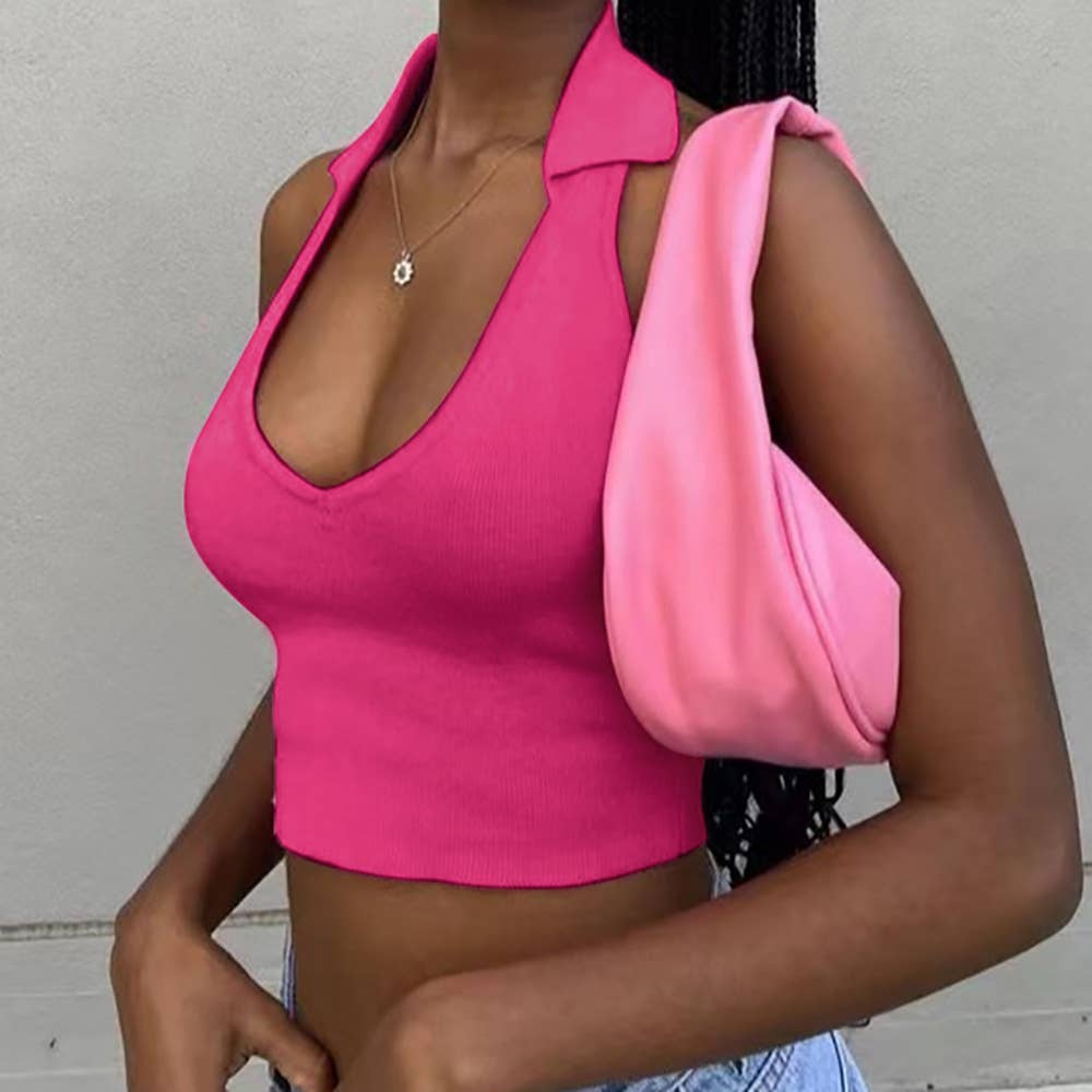 Stylish knitted pit strip lapel cropped tank top