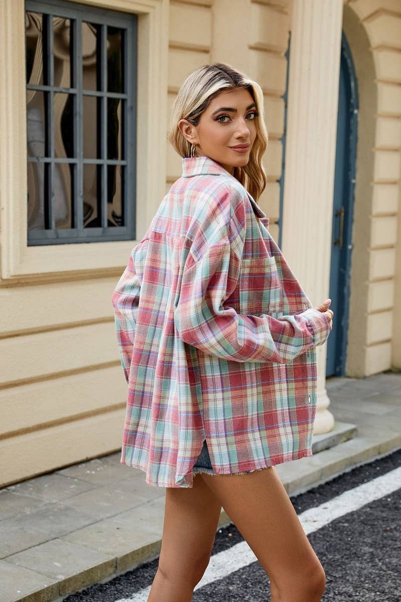 CWOCO0473_LAPEL PLAID CONTRAST LONG SLEEVE SHIRT COAT