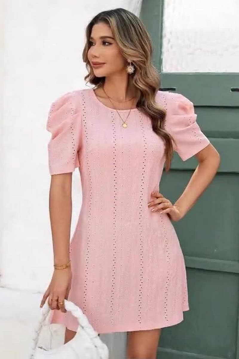 CWDSD8240_CLASSIC SIMPLE SOLID CREWNECK SHORT SLEEVE DRESS