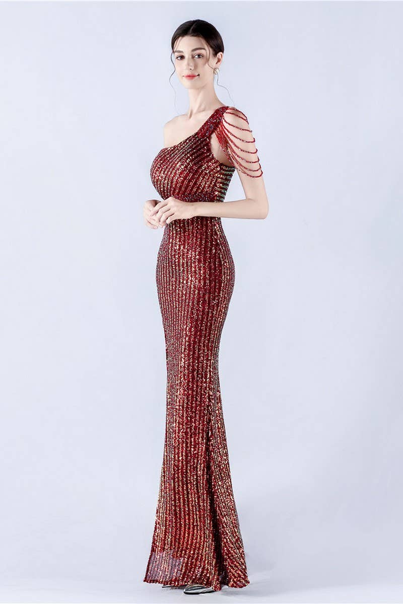 CWDMD4826_ONE-SHOULDER OFF-SHOULDER HIGH-SLIT SEQUINED DRESS