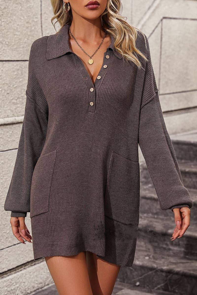 CWDSD6487_LAPEL BUTTON-DOWN LONG-SLEEVED SWEATER DRESS